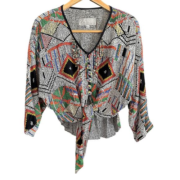 80s Vintage PLATINUM by Dorothy Schoelen | Printed Tie Front Beaded Blouse Small - Picture 2 of 8